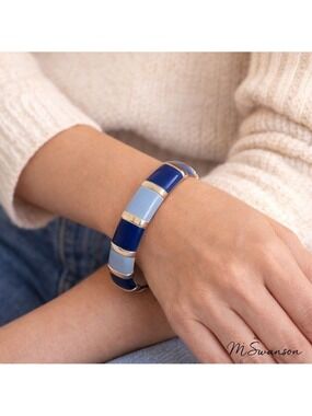 Blue & Silver Colorblock Enamel Hinged Bangle Bracelet NWOT